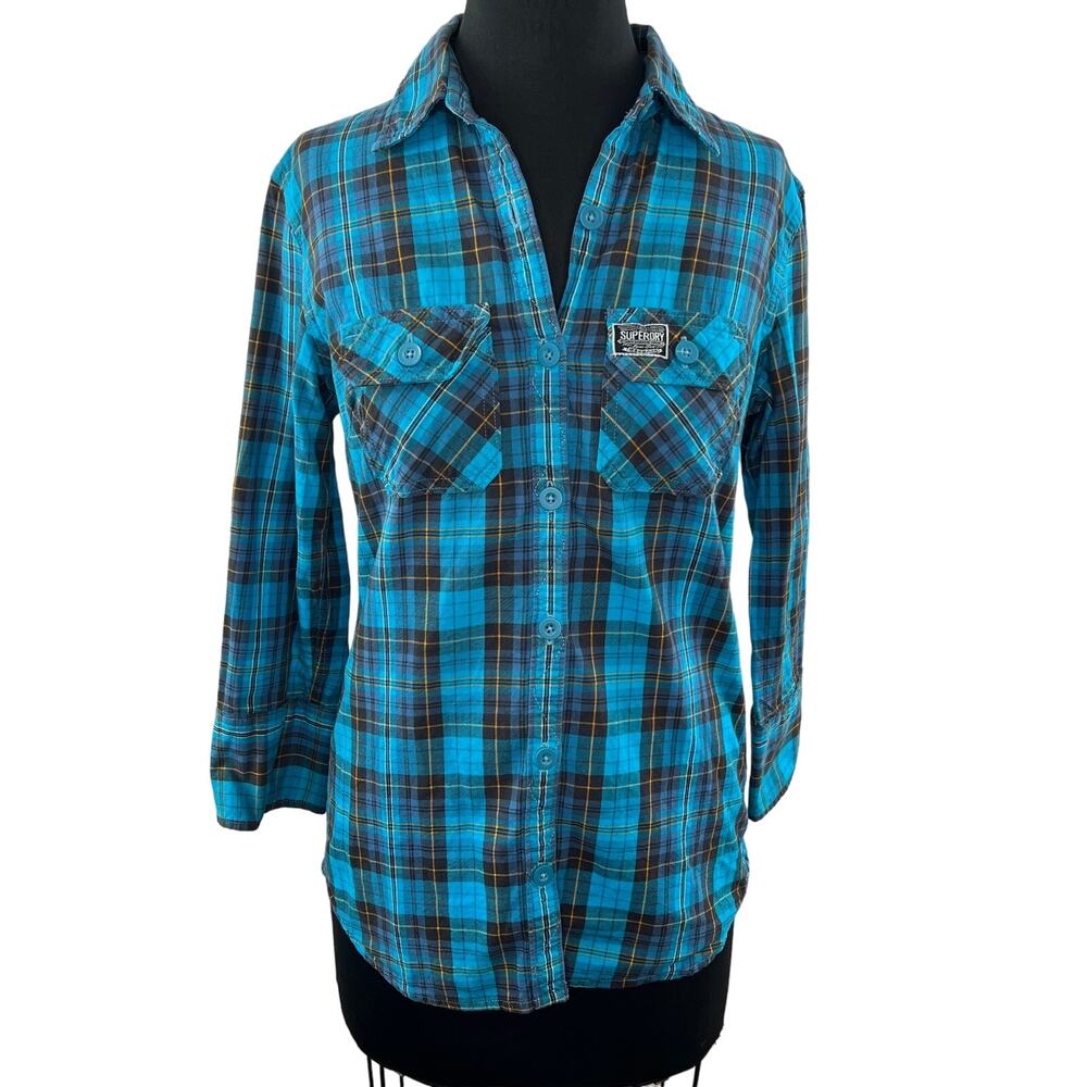 SUPERDRY Blue Plaid Button-Up Long Sleeve Roll-Tab Classic Western Shirt Top M
